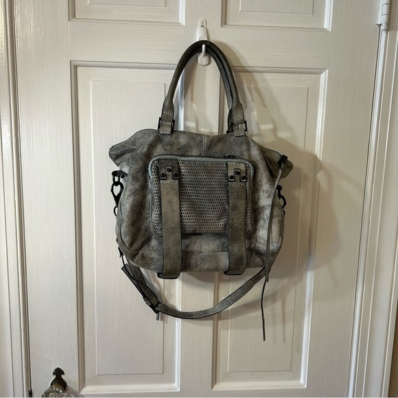 She + lo Next Chapter  Perforated Gray Pebbled Leather Hobo Crossbody Bucket Bag - Picture 1 of 14